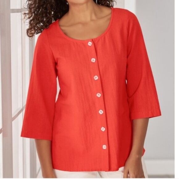 Soft Surroundings Button Down Medium Orange 3/4 Sleeve Pearlized Buttons - Picture 1 of 9